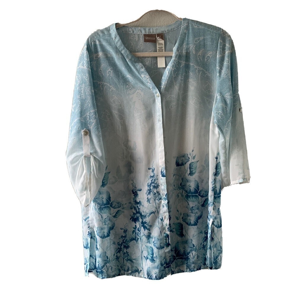 Chicos Womens Size Medium Multicolor Sheer Paisley Floral Button Blouse